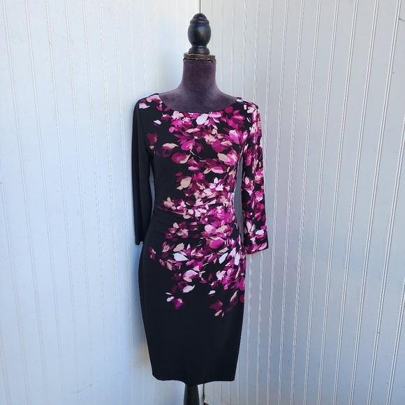 Anne Klein Dresses & Skirts - VTG Anne Klein Dress Ruched Black Pink Floral 3/4 Sleeves Stretch Womens Sz 2